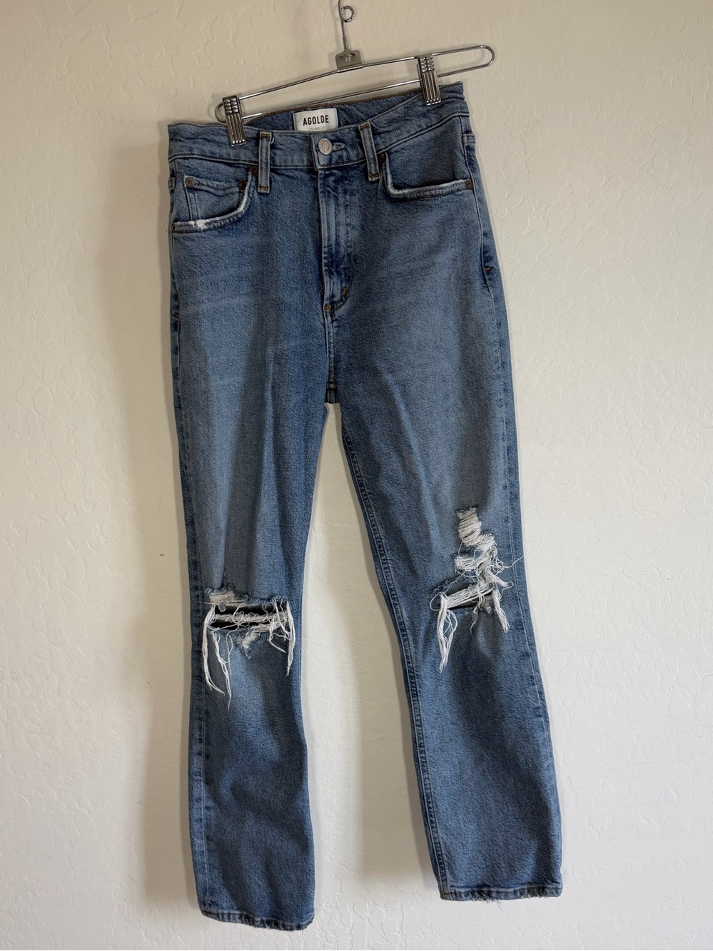 AGOLDE Wilder Mid Rise Straight Leg Jeans Whiplash Distressed Knee 25